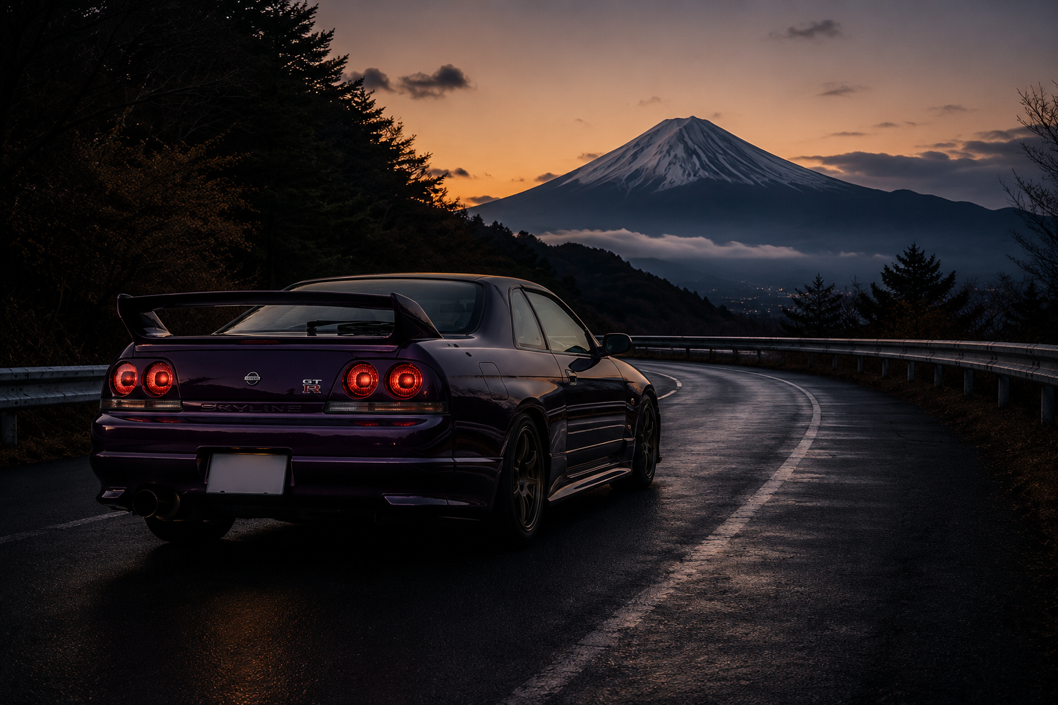 Nissan Skyline R34 GT-R on a Japanese mountain road at dusk